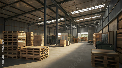 Modern warehouse interior with stacked pallets, showcasing spacious and organized environment. natural light enhances industrial feel, creating productive atmosphere