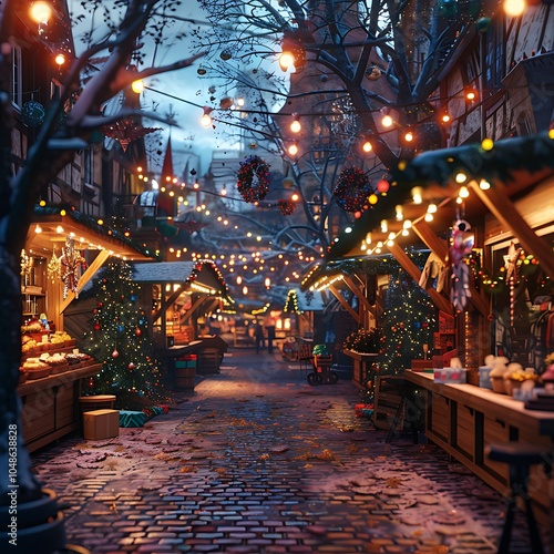 A magical Christmas market with colorful stalls, twinkling lights, and festive decorations, bustling with holiday shoppers.