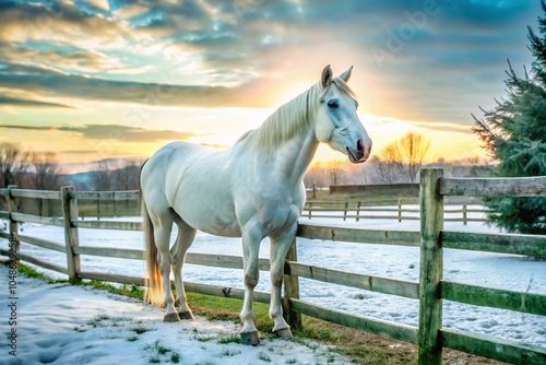 Majestic White Horse in Snowy Field at Dusk - Low Light Photography