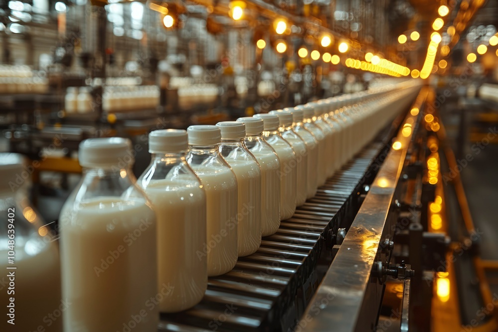 Obraz premium Milk Bottles Moving on a Conveyor Belt in a Factory