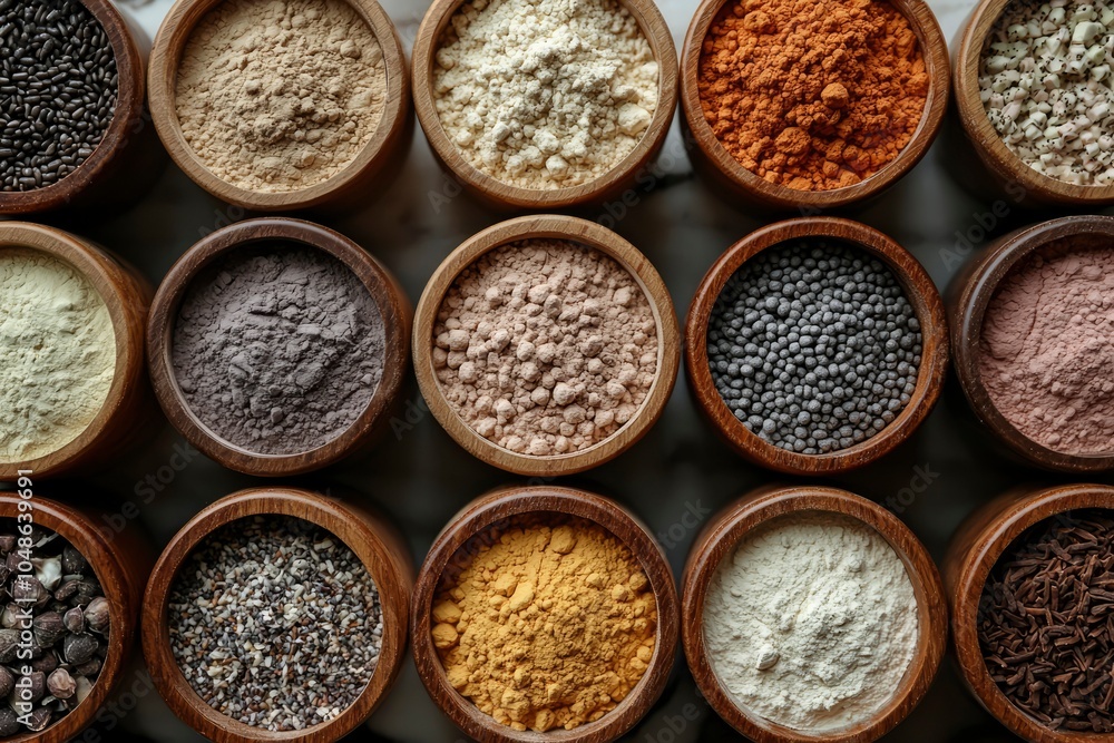 Various Spices and Grains in Wooden Bowls Various Spices and Grains in Wooden Bowls