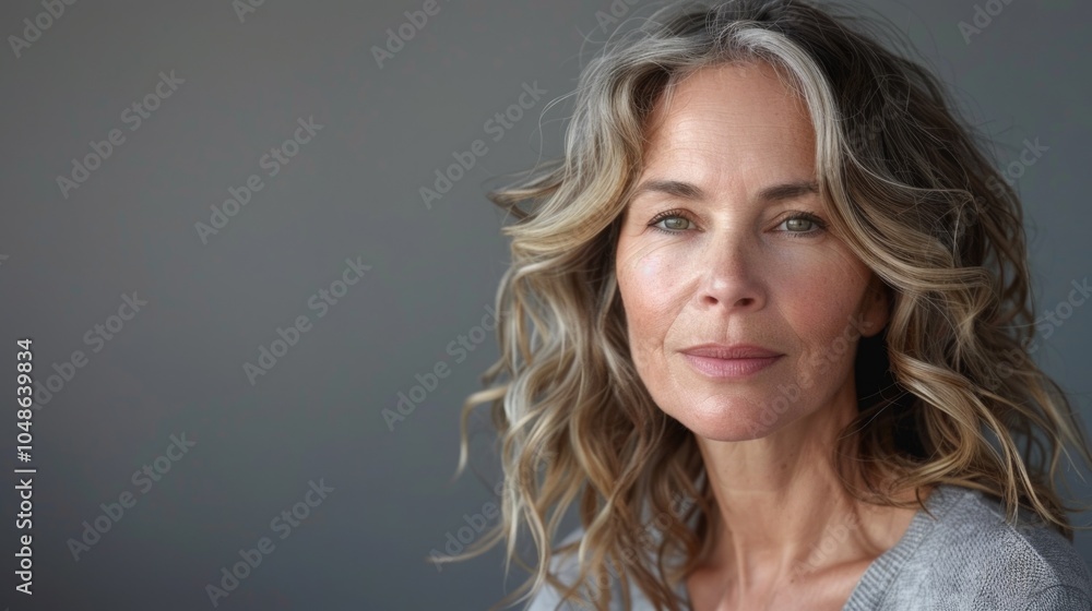 A woman stands facing the camera with a gentle smile, her wavy, curly hair framing her face against a muted gray backdrop, conveying a sense of tranquility and grace. A woman stands facing the camera with a gentle smile, her wavy, curly hair framing her face against a muted gray backdrop, conveying a sense of tranquility and grace.
