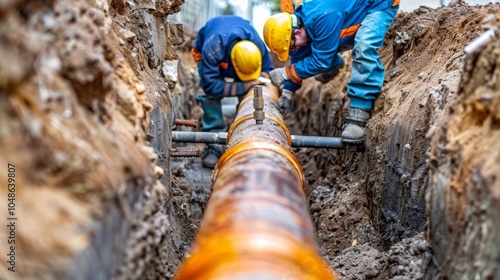 A crew is carefully laying new pipes underground to upgrade the citys water and sewage system. photo