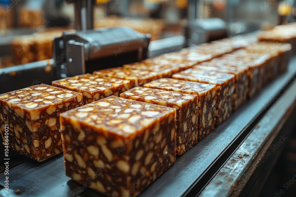A Close-Up of Caramel and Nut Squares on a Conveyor Belt A Close-Up of Caramel and Nut Squares on a Conveyor Belt