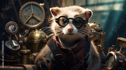 An artistic portrayal of a ferret in a fantastical, steampunk-inspired setting, with goggles and tiny mechanical gadgets, exploring a world of brass gears and whimsical contraptions. photo