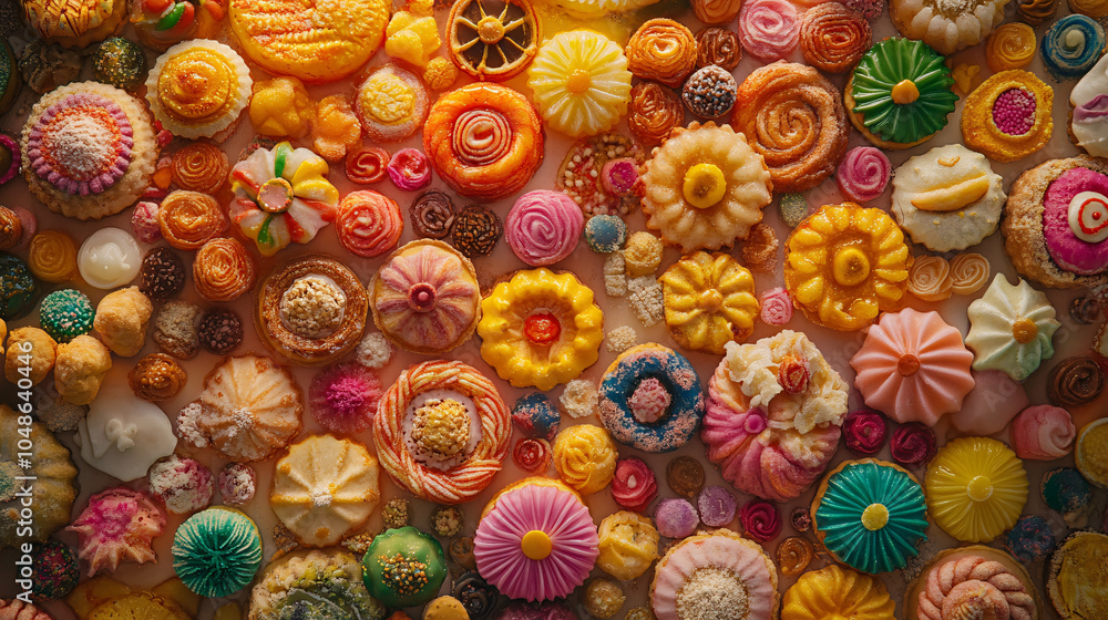 Fototapeta premium Colorful Sweet Treats, Floral and Swirled, Close-up Texture