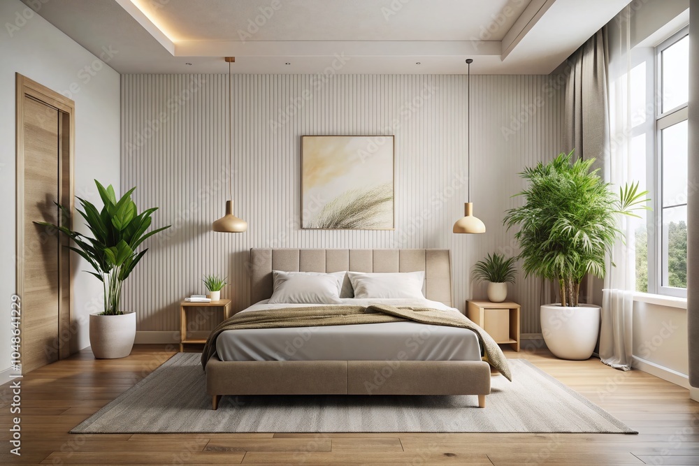Fototapeta premium Minimalist Bedroom Design with Low-Profile Bed and Decorative Elements for Modern Aesthetics