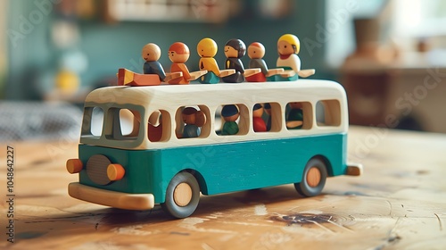 Wooden toy bus with passengers on tiny road photo