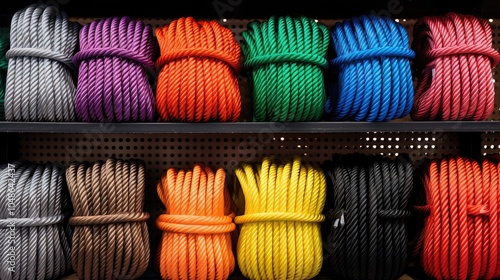 An assortment of plastic ropes in various colors and thicknesses, neatly arranged in a hardware store, showcasing their versatility and options photo