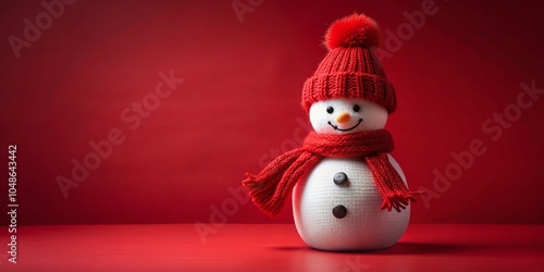 Minimalist Snowman in Red Hat and Scarf on Vibrant Red Background for Christmas Decor