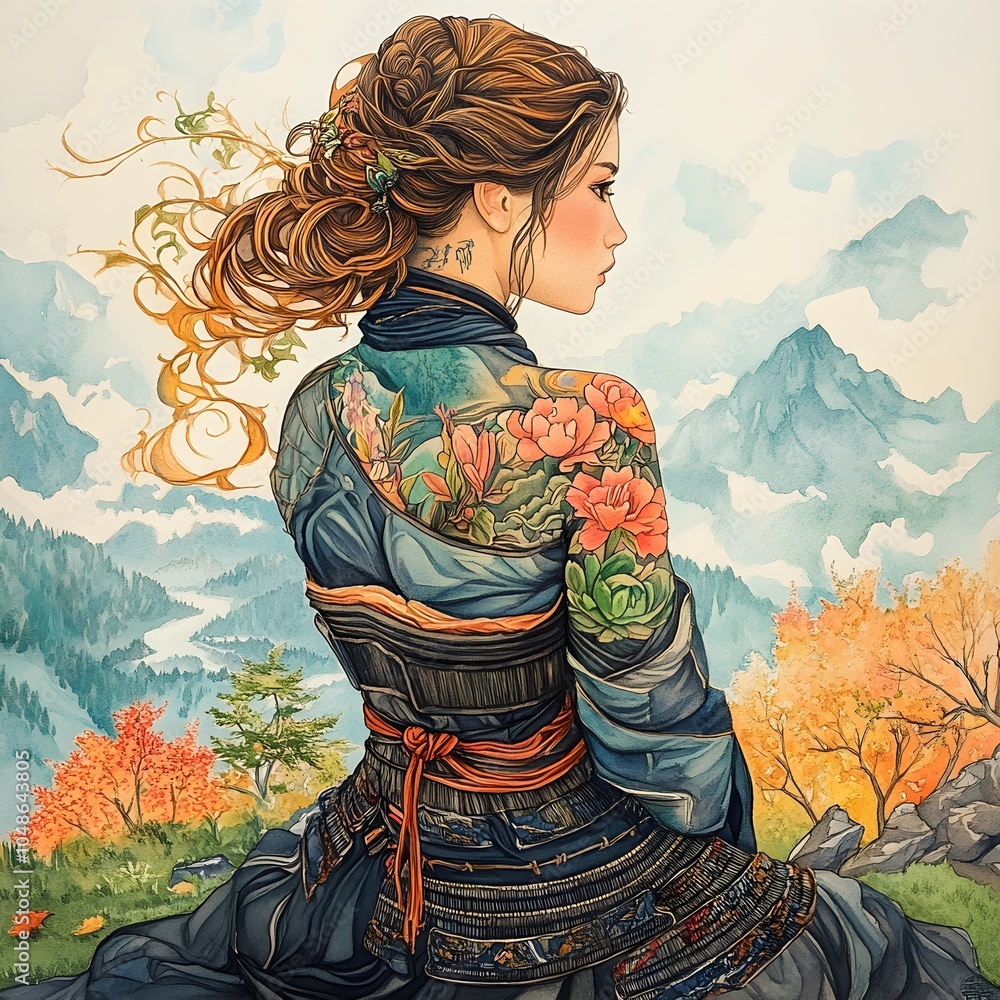 Watercolor Pastel Painting of Tattooed Female Samurai.
