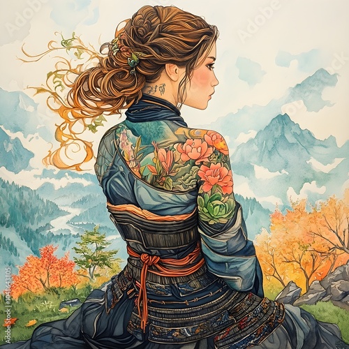 Obraz na płótnie Watercolor Pastel Painting of Tattooed Female Samurai. w salonie