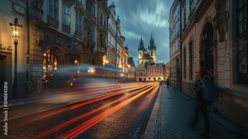 Light trails weave through the narrow alleys and ancient buildings of the old town square creating a mystical ambiance.