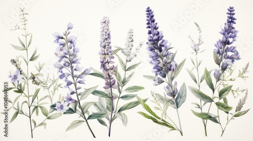 An elegant botanical illustration of Veronica officinalis, featuring detailed depictions of its flowers, leaves, and stems, with a classic, vintage aesthetic and soft watercolor tones. photo