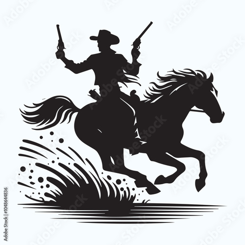 Cowboy riding horse logo, Cowboy riding horse silhouette vector icon black and white full body