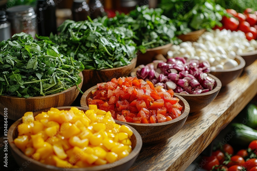 Assortment of Fresh Vegetables in Wooden Bowls