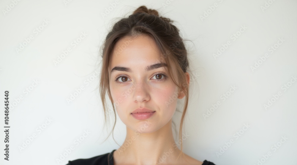 A young woman stands against a solid white background with a neutral expression, wearing simple attire. A young woman stands against a solid white background with a neutral expression, wearing simple attire.