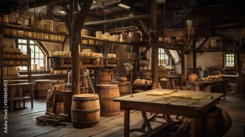 An old-fashioned cheese factory with vintage equipment, including wooden cheese presses and copper vats, capturing the nostalgia and traditional techniques of cheese production. photo