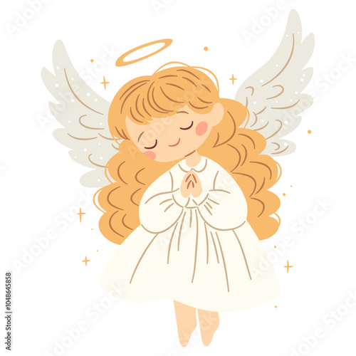 Flat vector illustration in children's style. Cute little angel praying. Children's illustration on white background. Vector illustration