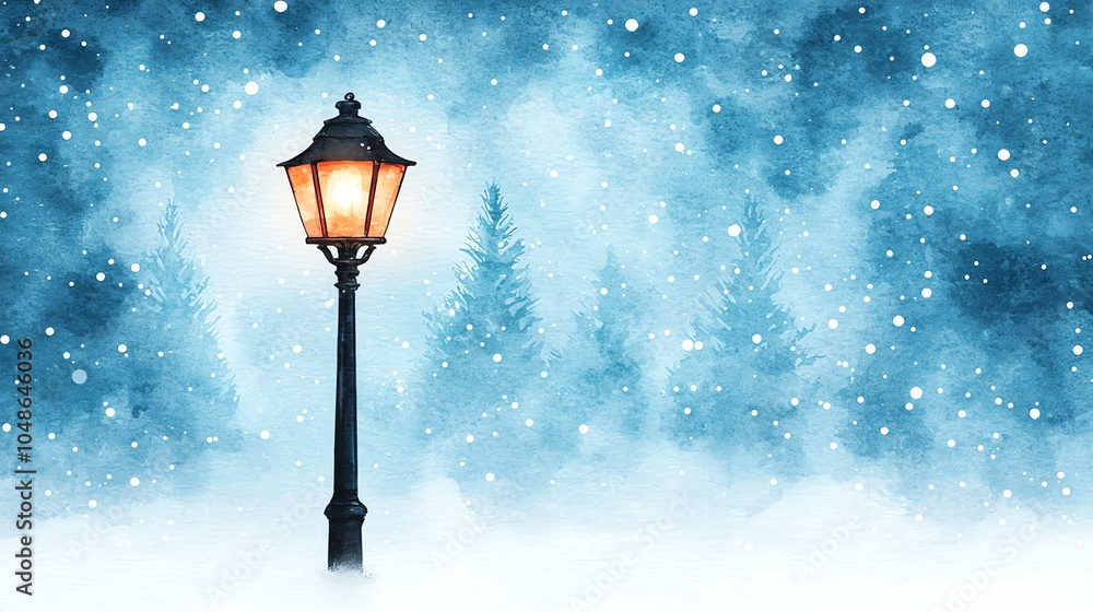 Street lamp glowing softly in snowy winter scene amid evergreen trees. Street lamp glowing softly in snowy winter scene amid evergreen trees.