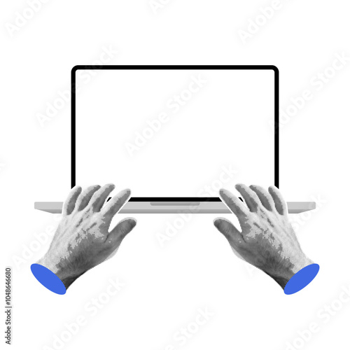 Halftone man’s hands working on a laptop computer with a blank screen (PC mockup with an empty display) for a website, demo or product advertisement isolated on transparent background.