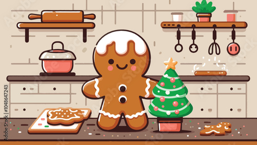 A gingerbread character with frosting details, decorating a tiny Christmas tree and baking cookies 