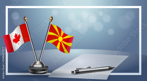 Canada and Macedonia Small national flag on bokeh background, cooperative relationship
