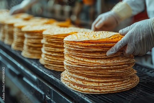 A Hand Reaches for a Stack of Tortillas on a Conveyor Belt