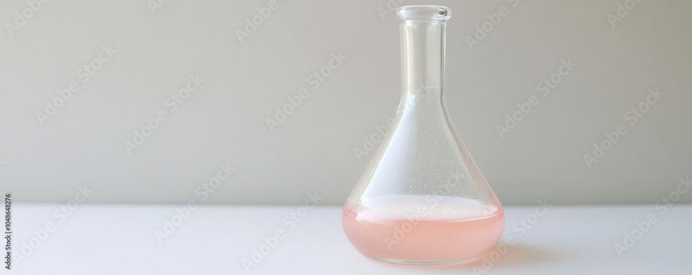 A clear glass flask containing a pink liquid, perfect for laboratory or scientific themes in photography. A clear glass flask containing a pink liquid, perfect for laboratory or scientific themes in photography.