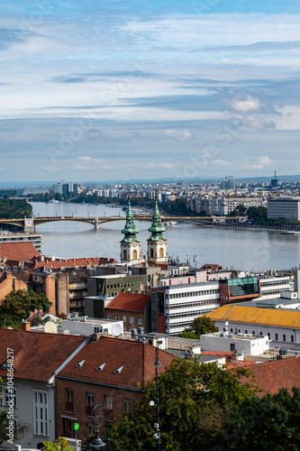 Obraz na płótnie Budapest downtown - drone aerial video of the Hungarian capital. Buda and Danube river at sunrise. Aerial drone view of the Budapest city. Drone view of the capitol city Budapest. w salonie