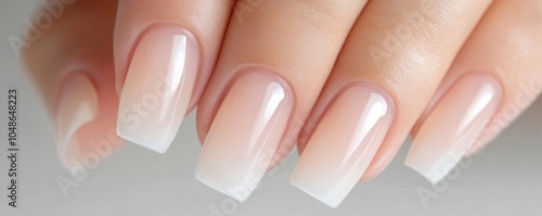 clean nail art Close-up of beautifully manicured nails with a glossy, natural finish, showcasing the timeless and classic French manicure style.