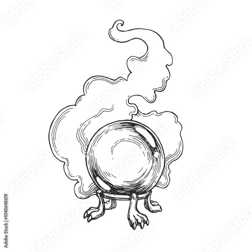 Vector hand-drawn illustration of magic ball isolated on white. Black and white sketch of witch equipment.