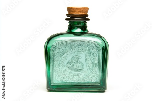 A vintage green glass bottle with a wooden cork, featuring intricate designs on the surface, perfect for decor or collection.