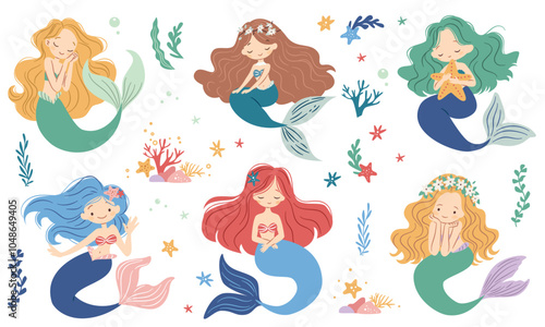 Cute vector set in children's style. Cute mermaids in different poses, starfish and flowers . Vector illustration
