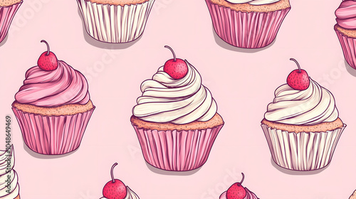 Seamless cupcake pattern featuring colorful desserts like chocolate and strawberry, perfect for a birthday or celebration theme