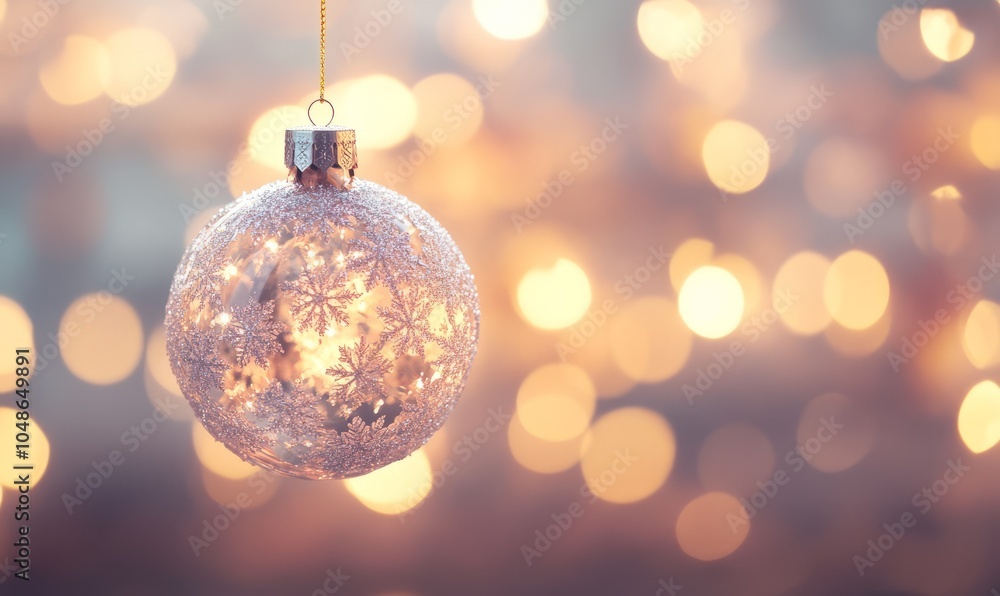 A shimmering Christmas ornament made of crystal-like snowflakes and glowing light patterns, suspended in the air against a softly blurred background A shimmering Christmas ornament made of crystal-like snowflakes and glowing light patterns, suspended in the air against a softly blurred background