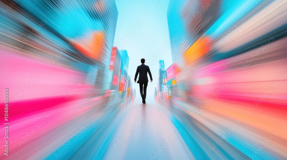 A lone figure in a vibrant cityscape, blurred by speed, while buildings twist and morph around them. A lone figure in a vibrant cityscape, blurred by speed, while buildings twist and morph around them.