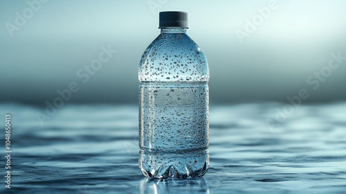 A 3D product display of a transparent water bottle with matte label area for branding, isolated on a white background with soft lighting and reflections.