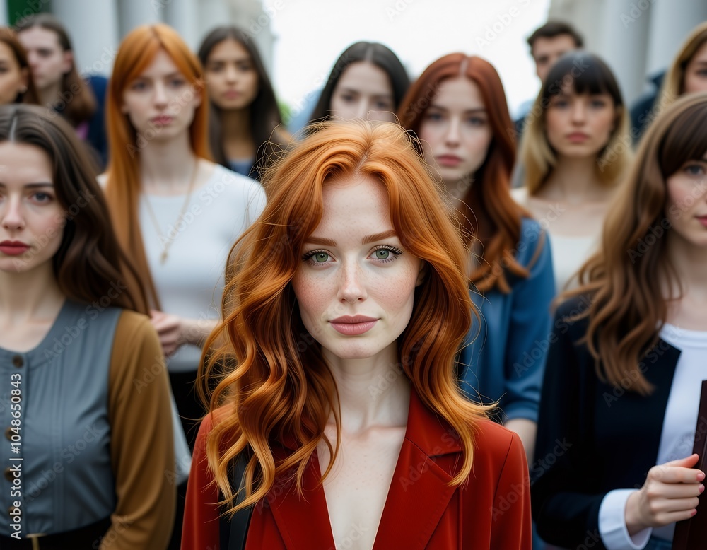Obraz premium Confident Woman with Red Hair in Crowd of People Portrait Photography