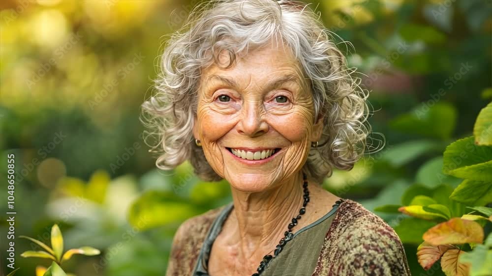 Senior smiling in nature, surrounded by greenery and the outdoors, symbolizing peace, health, and a connection to nature. Senior smiling in nature, surrounded by greenery and the outdoors, symbolizing peace, health, and a connection to nature.