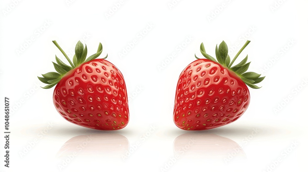 Two Fresh Red Strawberries with Green Leaves on White Background Two Fresh Red Strawberries with Green Leaves on White Background