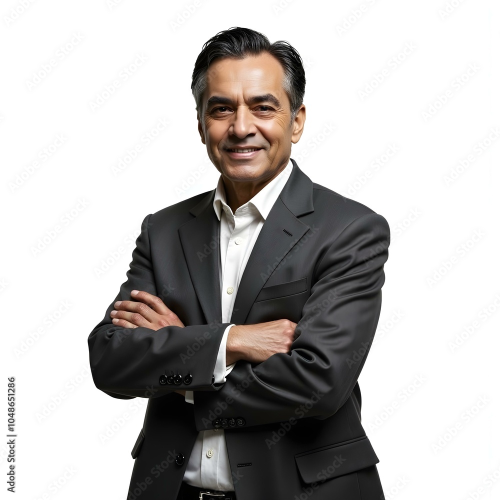 Smiling confident latin hispanic mature business man standing crossed arms isolated on white background. Older senior businessman professional ceo, coach, leader looking at camera. Banner, copy space Smiling confident latin hispanic mature business man standing crossed arms isolated on white background. Older senior businessman professional ceo, coach, leader looking at camera. Banner, copy space