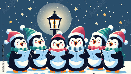 A group of penguins in festive hats singing carols on a snowy street, holding music sheets. A lantern glows above them, and little stars twinkle in the night sky 