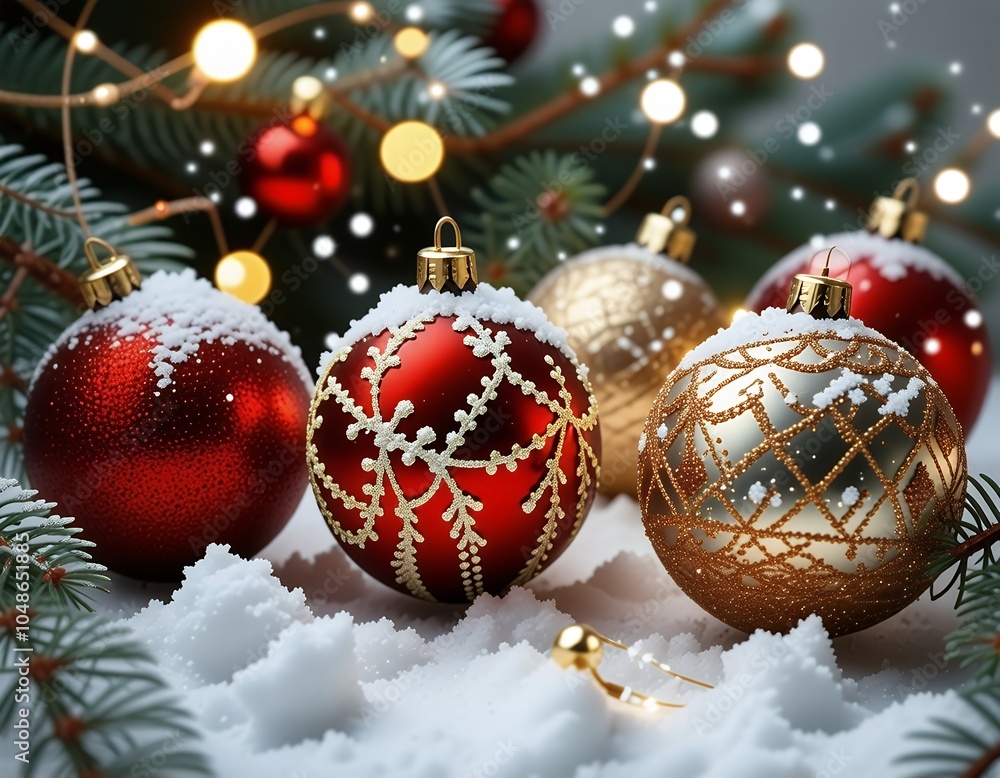 Festive Christmas Ornaments with Snow Lights and Pine Branches Festive Christmas Ornaments with Snow Lights and Pine Branches