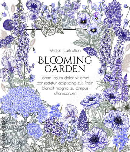 Vector frame of blue flowers. Hydrangeas, phlox, violets, delphinium, irises, cornflowers, bluebells, pansies, anemones, lupine, chicory, hiancinth, speedwell, periwinkle, muscari, scilla