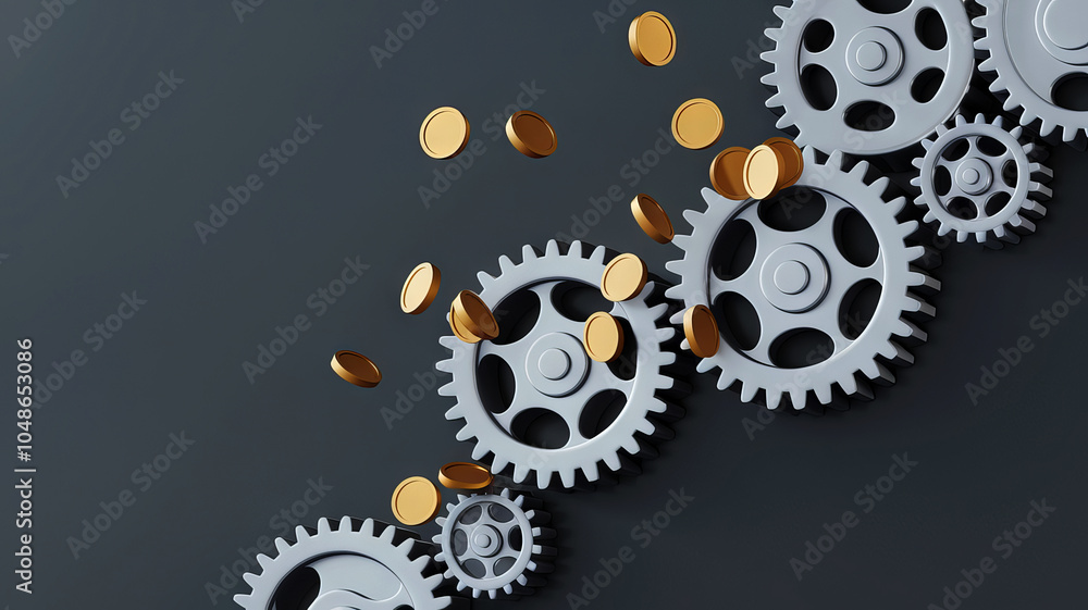 Gears and coins representing financial growth and industry innovation. Gears and coins representing financial growth and industry innovation.