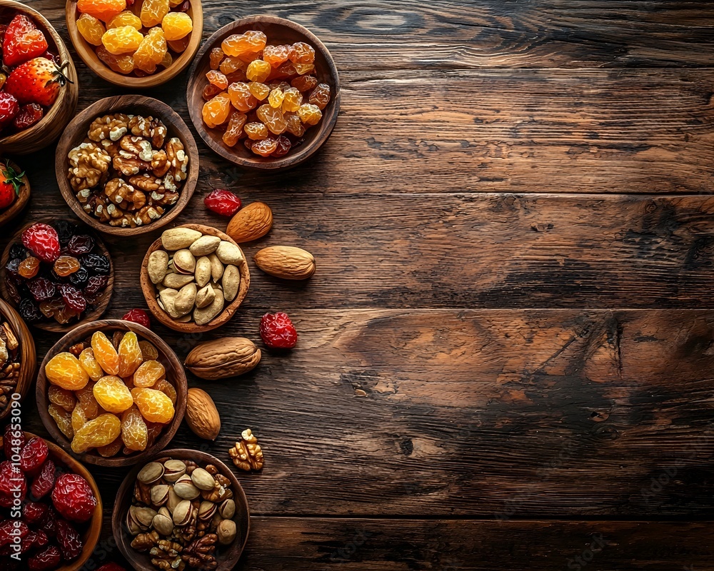 Assortment of Dried Fruits and Nuts on Rustic Wooden Table with Vibrant Natural Colors and Textures Assortment of Dried Fruits and Nuts on Rustic Wooden Table with Vibrant Natural Colors and Textures