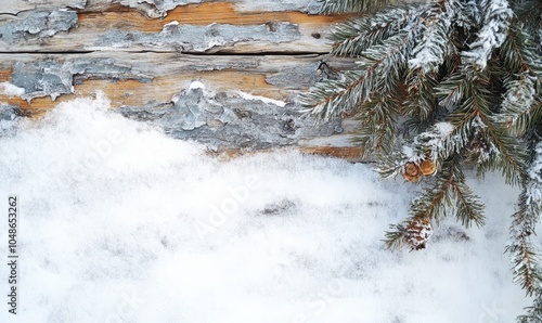 Old wood texture with snow and firtree photo