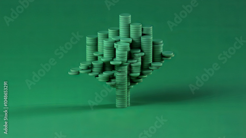 Green coins arranged to resemble a tree on a green background.