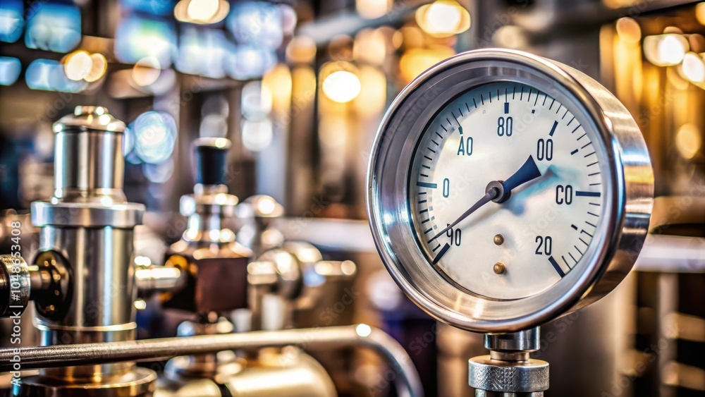 A Close-up of a Silver Pressure Gauge Mounted on a Piping System, with a Blurred Background of Industrial Equipment and Lights A Close-up of a Silver Pressure Gauge Mounted on a Piping System, with a Blurred Background of Industrial Equipment and Lights